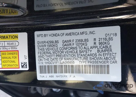 2018 Honda Accord Lx from USA, damaged, VIN 1HGCV1F13JA095655